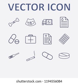 Outline 12 hospital icon set. drug, medicine chest, cigarette, broken bone, medicine document and pill vector illustration