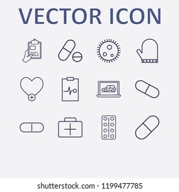 Outline 12 hospital icon set. pill, medicine clipboard, diagnostic, medicine briefcase, human cell and pill pack vector illustration