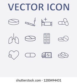 Outline 12 hospital icon set. cigarette, medicine bed, pill, lungs, drug and remove heart vector illustration