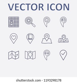 Outline 12 location icon set. search setting, map location, pin check, map, car location and library location vector illustration
