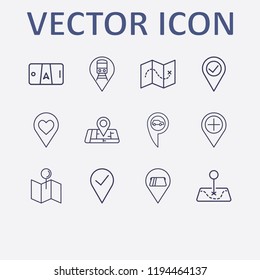Outline 12 location icon set. check, love , car , smartphone map, train location and pin check vector illustration