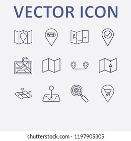 Outline 12 location icon set. search setting, map, distance map, map location, shopping location and bus location vector illustration