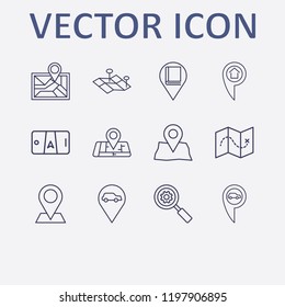 Outline 12 location icon set. map location, map, smartphone map, car location, search setting and library location vector illustration