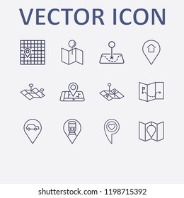 Outline 12 location icon set. map , car , home, love , map and train location vector illustration