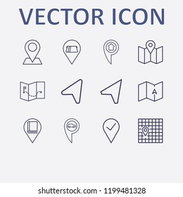 Outline 12 location icon set. car, home , map, cash withdrawal, location arrow and pin check vector illustration