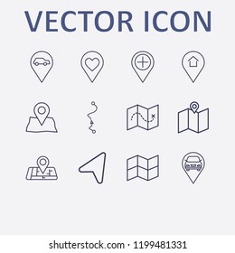 Outline 12 location icon set. add , arrow, love , distance map, location home and car location vector illustration