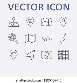 Outline 12 location icon set. search setting, map location, map, location cash withdrawal, distance map and shopping location vector illustration