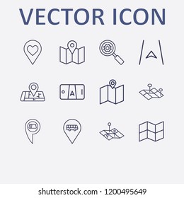 Outline 12 location icon set. map , smartphone map, love , search setting, bus location and location cash withdrawal vector illustration