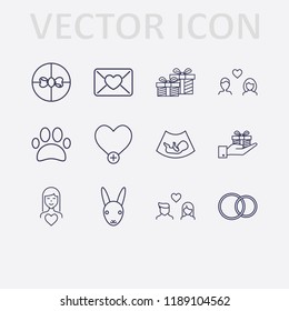 Outline 12 love icon set. ultrasound baby, woman in love, hand with gift box, gift, add heart, rabbit, paw, lovers, wedding ring and mail love vector illustration