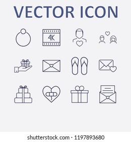 Outline 12 love icon set. man love, flip flop, ring, gift, k and mail love vector illustration