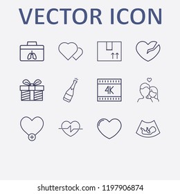 Outline 12 love icon set. champagne bottle, ultrasound baby, add heart, box, lovers and heart vector illustration