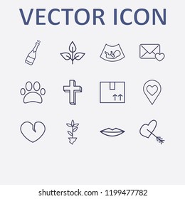 Outline 12 love icon set. plant, box, broken heart, paw, cross and champagne bottle vector illustration