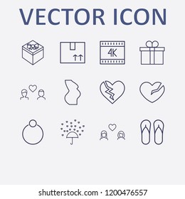 Outline 12 love icon set. gift, broken heart, pregnant, ring, flip flop and k vector illustration