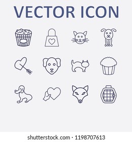 Outline 12 lovely icon set. dog, arrow in heart, popcorn, cat, love bag and pet cage vector illustration