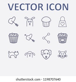 Outline 12 lovely icon set. popcorn, cat, share, dog, arrow in heart and love bag vector illustration