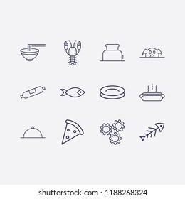 Outline 12 Lunch Icon Set. Pork, Sausage, Bowl, Plate, Fish, Setting, Hot Dog, Pizza, Dish, Lobster And Toster Vector Illustration