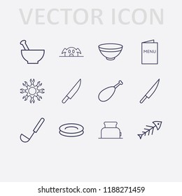 Outline 12 lunch icon set. menu, bowl, fish, plate, ladle, pork, knife, toster, setting and chicken leg vector illustration