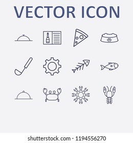 Outline 12 lunch icon set. setting, dish, lobster, champagne menu, ladle and pizza vector illustration