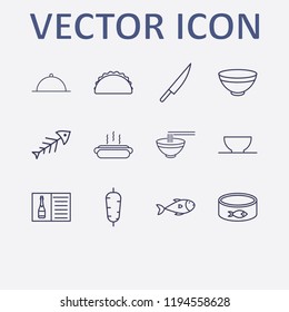 Outline 12 lunch icon set. sandwich, hot dog, champagne menu, dish, fish and knife vector illustration