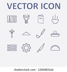 Outline 12 lunch icon set. bowl, champagne menu, dish, hot dog, knife and sandwich vector illustration