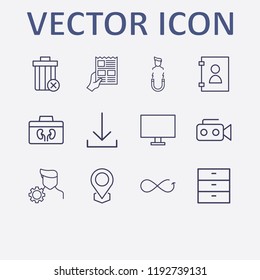 Outline 12 man icon set. location, download, newspapers with hand, video camera, comod and organ donation vector illustration