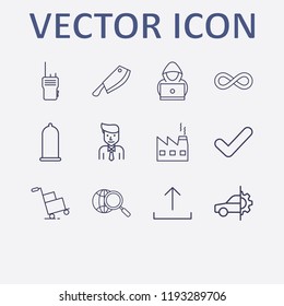 Outline 12 man icon set. meat knife, box trolley, businessman, walkie talkie, globe search and car service vector illustration