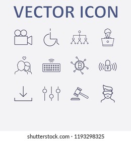 Outline 12 man icon set. video camera, laptop worker, virtual reality, equalizer, organization and download vector illustration