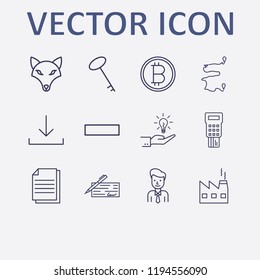 Outline 12 man icon set. factory, key, pos terminal, money check, dog and bitcoin vector illustration
