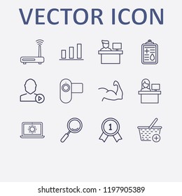 Outline 12 man icon set. medicine clipboard, search, award, add to basket, reception and router vector illustration