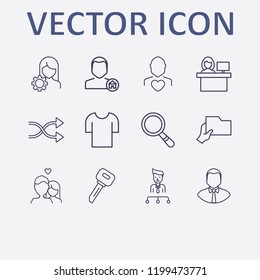 Outline 12 man icon set. organization, key, shuffling, t shirt, man love and search vector illustration