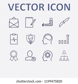 Outline 12 man icon set. chart, businessman organized, notebook edit, user shield, award and head in gear vector illustration