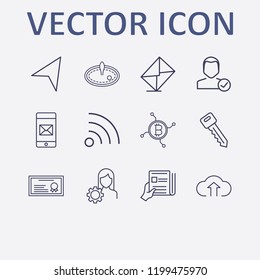 Outline 12 man icon set. message, newspapers with hand, casino game, check user, key and network bitcoin vector illustration
