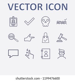 Outline 12 man icon set. finger right, message, selected, shopping bag check, phone book and virtual reality vector illustration