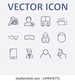 Outline 12 man icon set. businessman, boat, video camera, user, karaoke and smartphone vector illustration