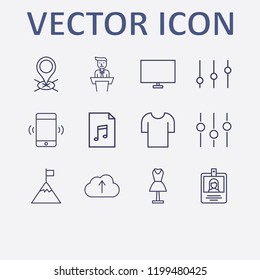 Outline 12 man icon set. cloud upload, speaker on tribune, equalizer, mannequin, t shirt and location vector illustration