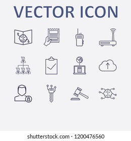 Outline 12 man icon set. cloud upload, online business, book with brain, newspapers with hand, router and organization vector illustration