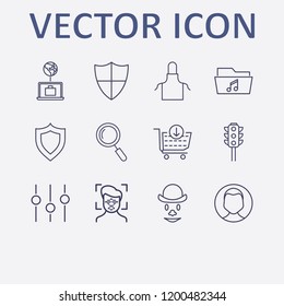 Outline 12 man icon set. apron, shopping cart, online business, traffic light, clown and music folder vector illustration
