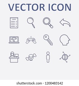 Outline 12 man icon set. search, network bitcoin, reception, key, human and laptop energy vector illustration