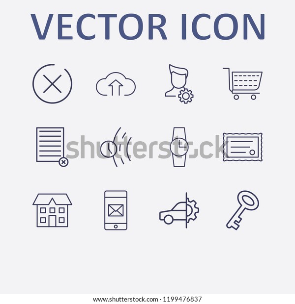 Outline 12 man icon\
set. user setting, remove document, close, house, road time and\
watch vector\
illustration