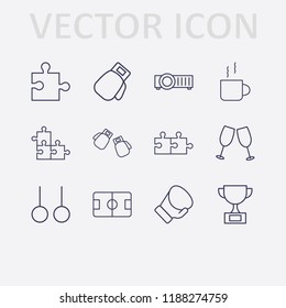 Outline 12 match icon set. sport ring, projector, boxing glove, cheers, boxing gloves, football pitch, cup and jigsaw vector illustration