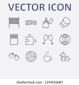 Outline 12 match icon set. projector, lighter, volleyball ball, cup, matches box and world vector illustration