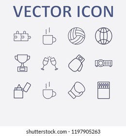 Outline 12 match icon set. boxing glove, projector, world, volleyball ball, cheers and matches box vector illustration