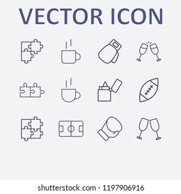 Outline 12 match icon set. cheers, football pitch, cup, lighter, puzzle and jigsaw vector illustration