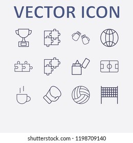 Outline 12 match icon set. boxing glove, world, jigsaw, football pitch, boxing gloves and lighter vector illustration