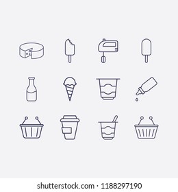 Outline 12 milk icon set. baby bottle, milk bottle, hand mixer, cheese, coffee cup, yogurt, ice cream and shopping basket vector illustration