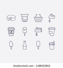 Outline 12 milk icon set. ice cream, yogurt, coffee cup, cheese, hand mixer, milk bottle and shopping basket vector illustration