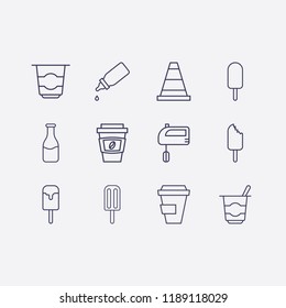 Outline 12 milk icon set. yogurt, hand mixer, baby bottle, milk bottle, coffee cup, cone and ice cream vector illustration