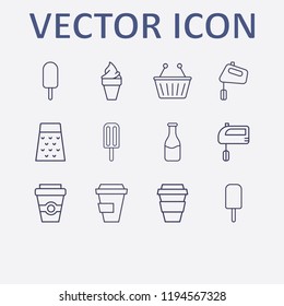 Outline 12 milk icon set. shopping basket, coffee cup, milk bottle, hand mixer, ice cream and grater vector illustration