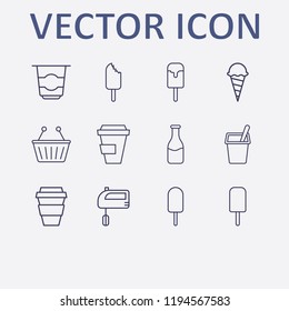 Outline 12 milk icon set. yogurt, coffee cup, shopping basket, ice cream, milk bottle and hand mixer vector illustration