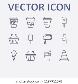 Outline 12 milk icon set. coffee cup, yogurt, ice cream, cone, shopping basket and milk bottle vector illustration